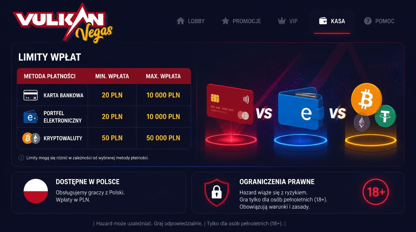 Obraz ukazujący limity wpłat w Vulkan Vegas dla graczy z Polski   minimalna i maksymalna kwota przy różnych metodach płatności.
