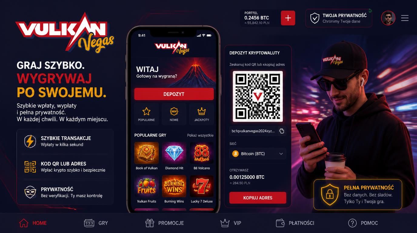 Obraz pokazujący natychmiastowy depozyt mobilny z portfela z kodem QR, na tle interfejsu Vulkan Vegas.