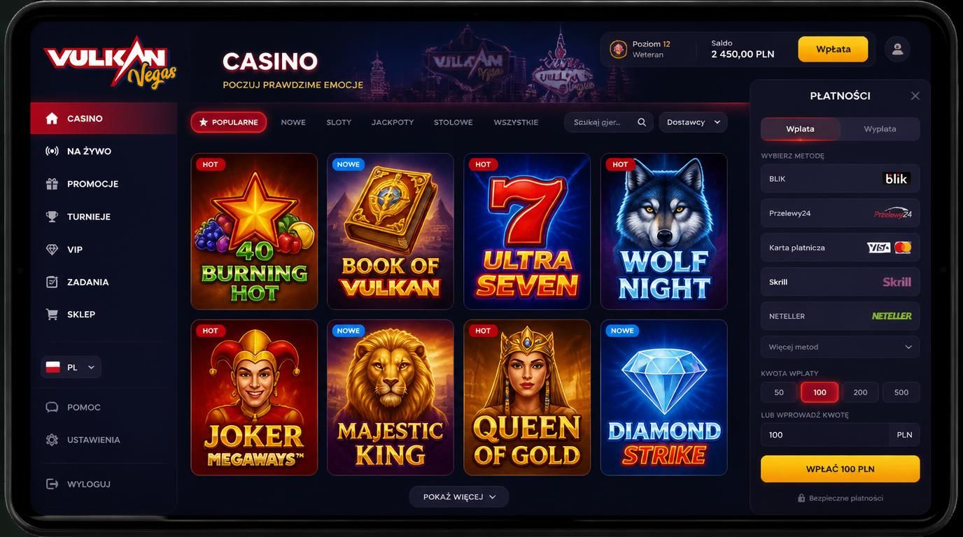 Interfejs Vulkan Vegas na tablecie, przestrzeń, duże kafelki gier i menu
