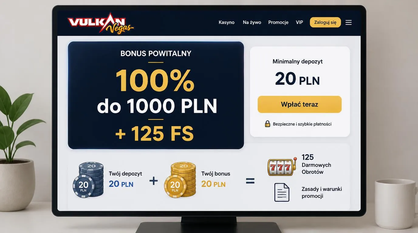 Karta bonusu powitalnego 100% do 1000 PLN i 125 FS z informacją o minimalnym depozycie 20 PLN