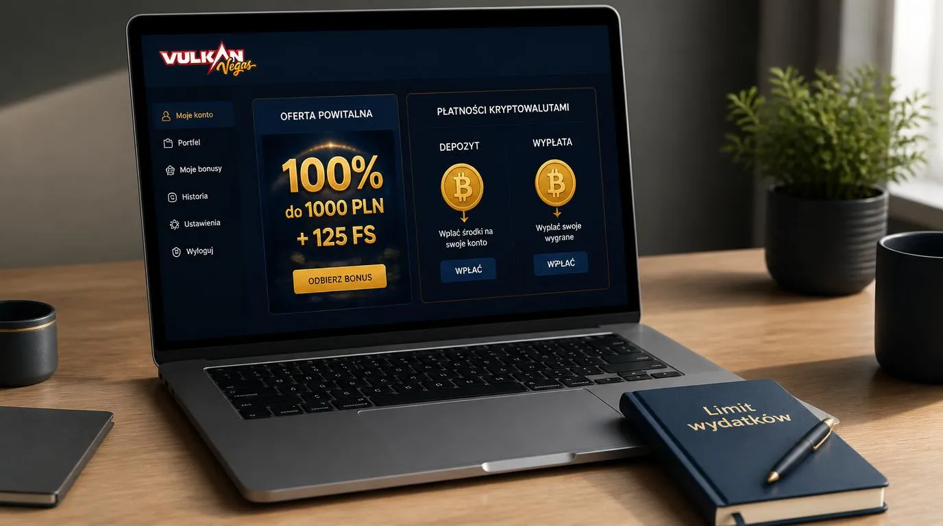Laptop z panelem oferty powitalnej i opcjami płatności kryptowalutowych obok notatnika z limitem wydatków