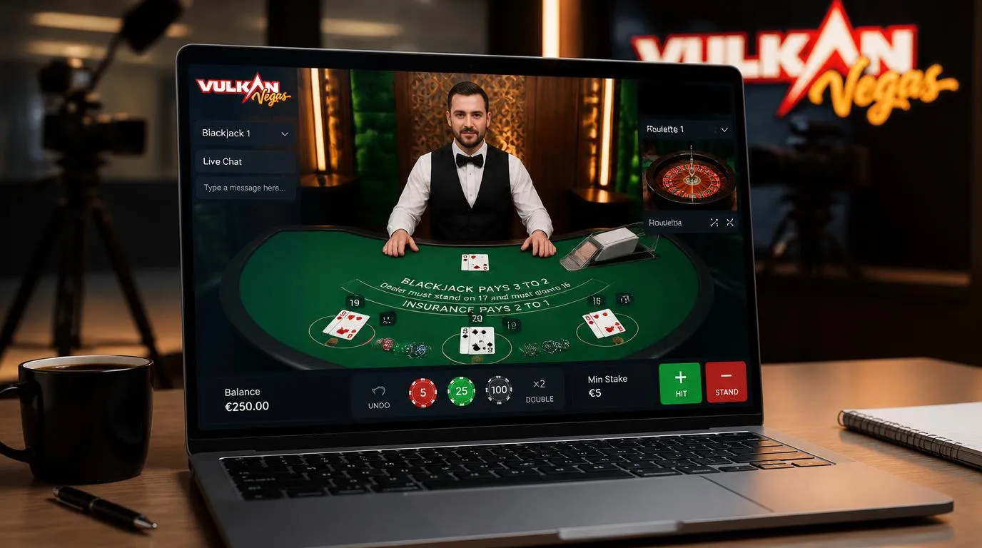 Krupier przy stole blackjacka i transmisja ruletki na ekranie laptopa w lobby kasyna na żywo