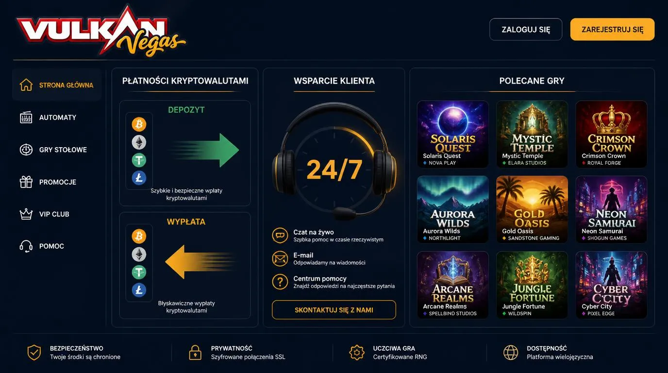 Panel kasyna z sekcjami wpłat i wypłat kryptowalutowych, pomocy 24/7 oraz katalogiem gier