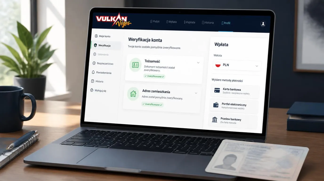 Panel konta z potwierdzoną tożsamością i adresem oraz ekran wyboru metody wpłaty
