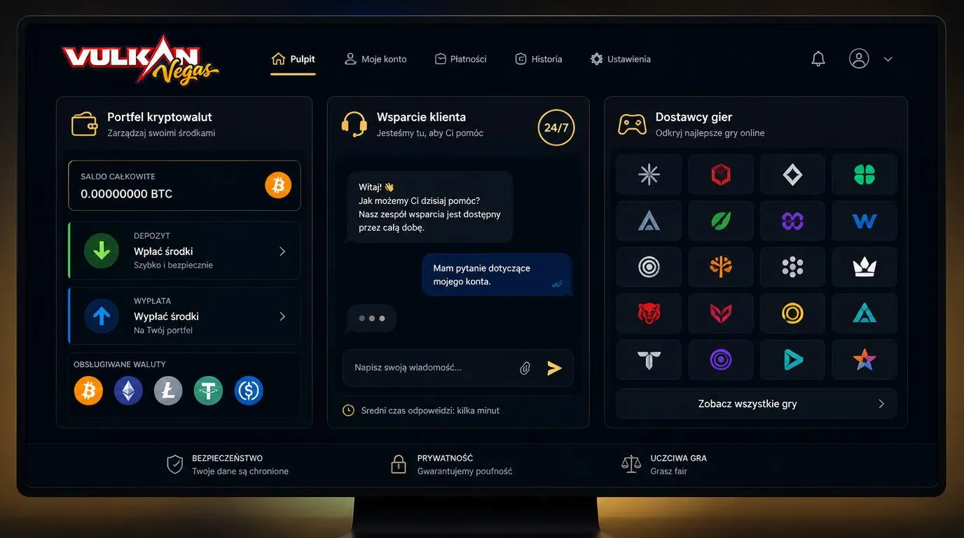 Panel kasyna z wpłatą i wypłatą kryptowalut, całodobowym czatem oraz kafelkami dostawców gier